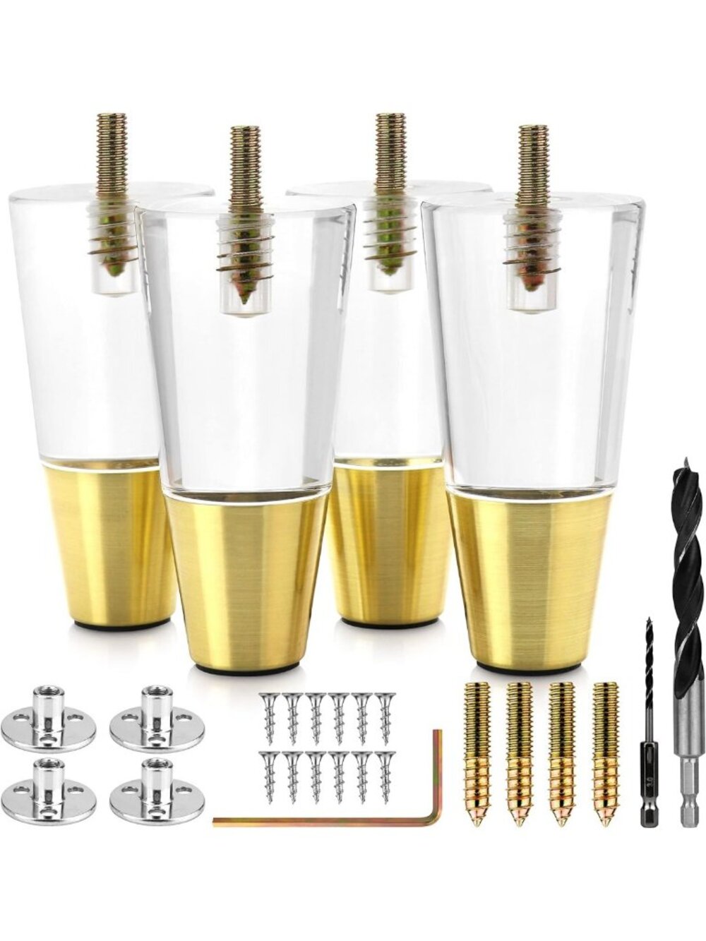 Mid Century Acrylic Furniture Legs with Gold Caps - Set of 4, 4" Easy Install